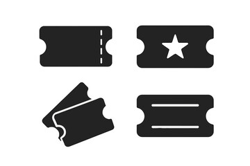Ticket vector icon set. Simple black glyph symbols for event, movie, cinema or theater pass. Admission coupon or entry voucher graphic illustration collection on white background.