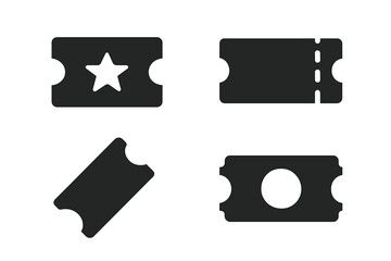 Ticket vector icon set. Simple black glyph symbols for event, movie, or theater admission. Entertainment entry pass or raffle coupon. Cinema silhouette isolated illustration.