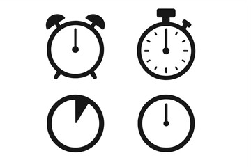 Time icons collection. Simple flat vector set with alarm clock, stopwatch, timer, and watch. Black silhouette symbols for countdown, deadline, and schedule concepts.