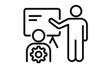 Training and coaching icon for business development. Mentor teaching employee. Person with cogwheel shows skill improvement. Presentation, workshop, learning concept vector.