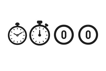 Time and clock icon set. Stopwatch, timer, and chronometer symbols. Vector illustration for countdown, deadline, and watch concepts. Zero seconds start or reset pictogram.