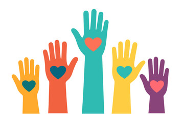 Colorful hands with hearts raised up. Concept of volunteer, charity, and donation. Vector icon for community support, social work, unity, and teamwork. Symbol of love, hope.