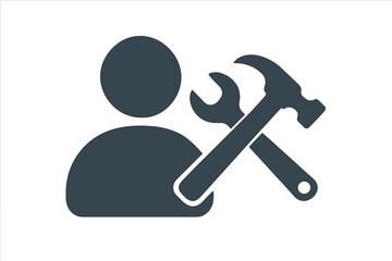 Repair man icon with wrench and hammer. User profile with tools. Symbol for service, support, settings, and maintenance. Concept for technician, worker, or configuration.