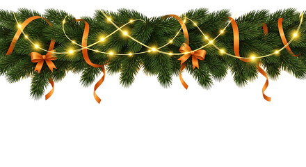 Green fir branches with orange ribbon and yellow lights isolated on a transparent background Christmas