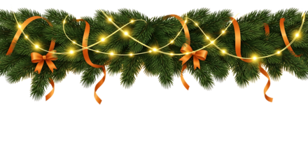 Green fir branches with orange ribbon and yellow lights isolated on a transparent background Christmas
