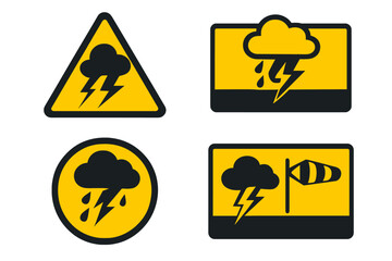 Weather alert announcement sign with storm warning banner, emergency notification icon, storm hazard vector illustration, transparent background, safety alert graphic design