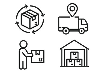 Supply chain logistics icons set. Delivery, transportation, distribution, inventory, warehouse, shipping, courier, tracking, parcel delivery process, logistics network. Outline vector illustration.