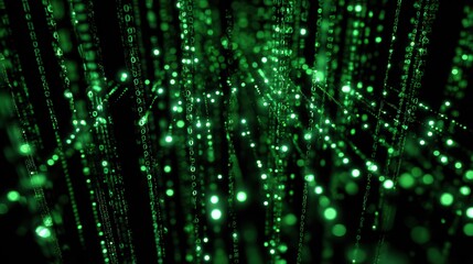 A surreal scene shows streams of glowing green binary code floating through a dark expanse, creating an immersive computer aesthetic reminiscent of the 80s.