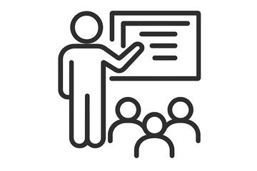 Teacher giving presentation, classroom lesson, educator teaching students, blackboard instruction, school education, lecture icon, seminar, instructor, audience learning, academic training concept