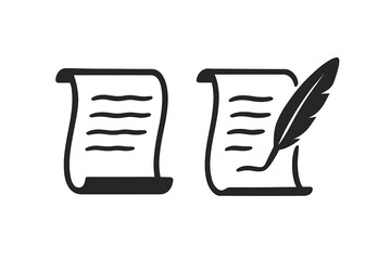Manuscript parchment icon set, antique scroll blank page, writing letter with feather quill, historical script, old document, classic handwritten text, vintage literature concept illustration