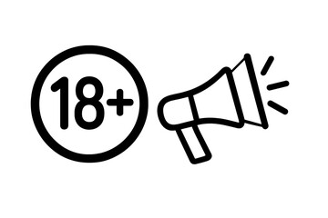 18+ age restriction warning sign. Adults only content notice with megaphone. Censorship, prohibited, and explicit material concept. Vector icon for under eighteen years old.