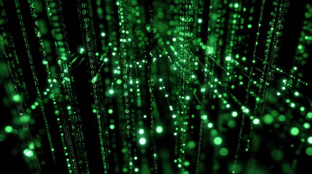 A surreal scene shows streams of glowing green binary code floating through a dark expanse, creating an immersive computer aesthetic reminiscent of the 80s.