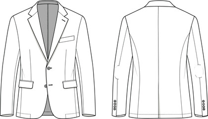 Men blazer jacket technical flat sketch front and back view, tailored suit coat with lapel pockets buttons, fashion apparel vector template, cad drawing flat vector illustration