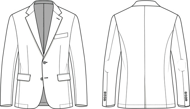 Men blazer jacket technical flat sketch front and back view, tailored suit coat with lapel pockets buttons, fashion apparel vector template, cad drawing flat vector illustration