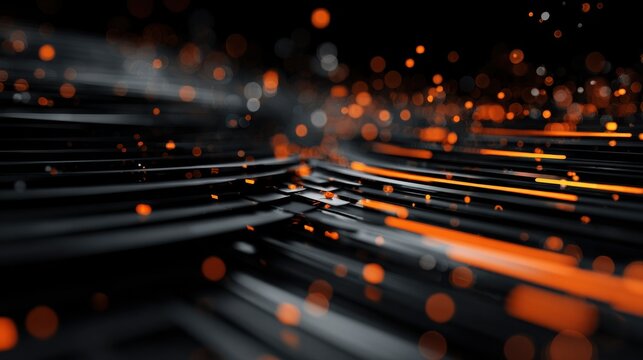 A vibrant black and orange textured background highlights modern technology driven marketing concepts. The design features flowing lines and glowing particles.