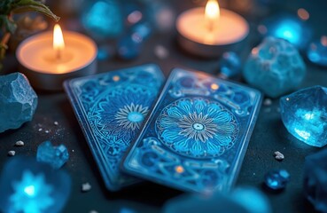 Mystical blue tarot cards sit beside lit candles, glowing crystals. Elements suggest future prediction, spiritual guidance, energetic healing rituals. Deep blue hues create serene atmosphere for
