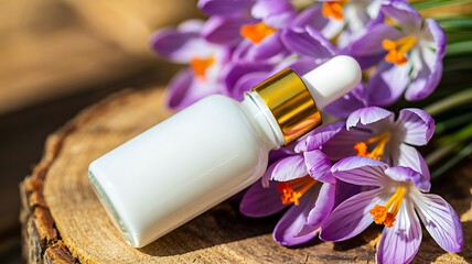 Cosmetic serum bottle with purple flowers for natural beauty skincare concept