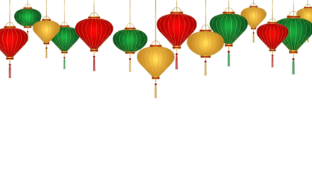 Red green and yellow hanging lanterns with gold trim isolated on a transparent background image