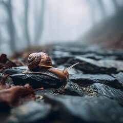 Softbody snail stretching across wet stones