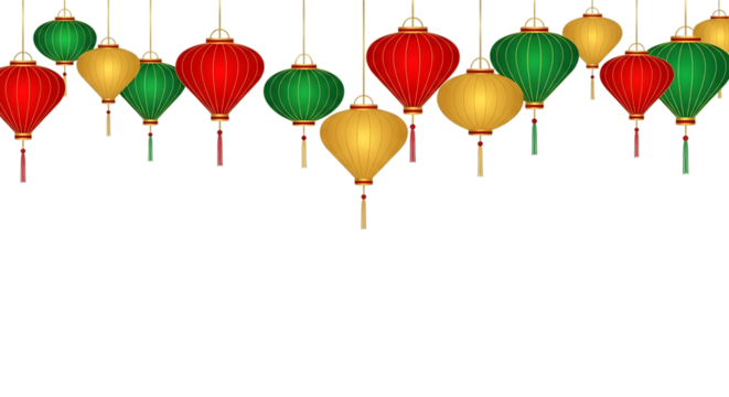 Red green and yellow hanging lanterns with gold trim isolated on a transparent background image - Powered by Adobe