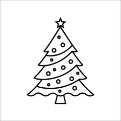 Simple Line Art Christmas Tree Decorated with Ornaments and a Star—Minimal Festive Holiday Symbol for Seasonal Greetings and Winter Celebrations. Ideal for festive banners, advertisements, website des