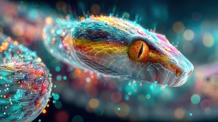 A vibrant worm-shaped code coils through a digital firewall interface, creating a glitch effect.