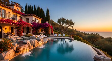 Serene luxury estate overlooking the ocean at sunset with private infinity pool and lavish Mediterranean architecture