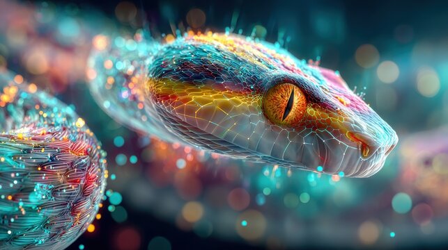 A vibrant worm-shaped code coils through a digital firewall interface, creating a glitch effect.