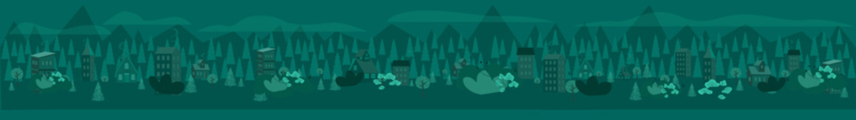 Silhouettes of snow-covered Christmas trees against a snowy night sky, winter banner, New Year's background for text. Flat vector illustration. Background for winter animation.
