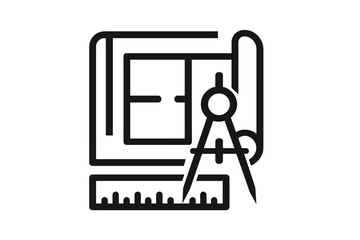 Architecture and engineering icon. Construction plan, blueprint with ruler and drawing compass. Technical project, drafting, design and measurement vector line symbol.