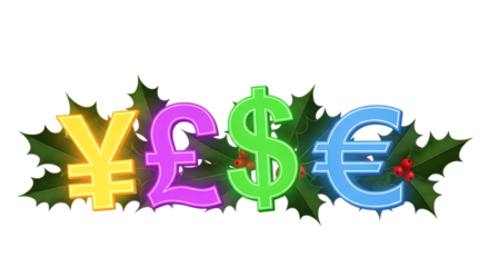 Yen Pound Dollar Euro symbols with holly and berries isolated on a transparent background currency