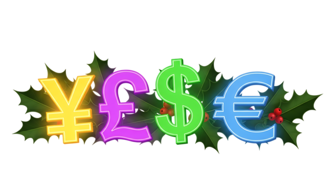 Yen Pound Dollar Euro symbols with holly and berries isolated on a transparent background currency