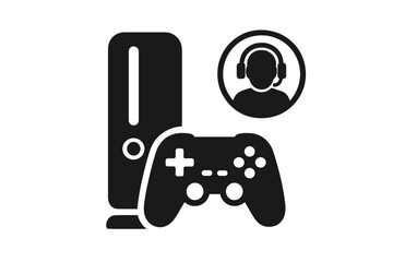 Gaming console, controller and player with headset vector icon set. Video game concept with gamer symbol. Esports, online streaming and entertainment graphic illustration.