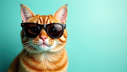 Orange cat wears black sunglasses, posing for studio portrait. This cool feline looks serious with white whiskers against a turquoise backdrop. Fun pet photo for fashion or humor themes.