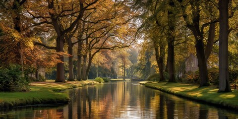 Autumn Canal Serenity: A picturesque canal reflects the vibrant autumnal foliage, with towering trees lining its banks, creating a tranquil and visually stunning landscape