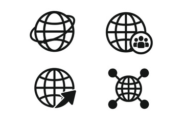 Global network icon set for international business. Vector illustrations of globalization, worldwide community, internet technology, and global communication concepts.