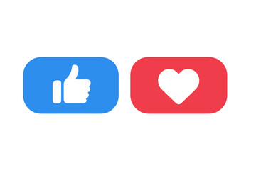 Obraz premium Like and heart buttons vector icon set. Social media thumbs up and love reaction symbols for online user engagement and feedback. Flat design for web and app interface.