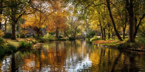 Autumn Reflection: A serene canal scene in autumn, with vibrant trees mirrored in the calm water, creating a picturesque and tranquil ambiance.