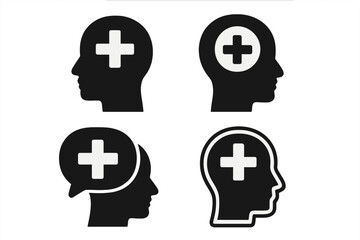 Obraz premium Mental health vector icons set. Head silhouette with medical cross, psychology symbol. Positive mindset, mental wellness, therapy and counseling, brain health, medical support