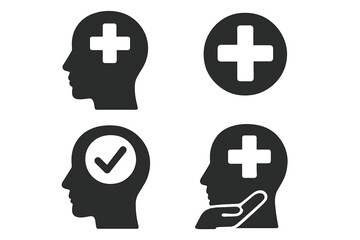 Obraz premium Mental health icon set vector. Psychology, positive thinking, and wellness concept. Head silhouette with plus cross and check mark. Medical care, therapy, support and recovery.