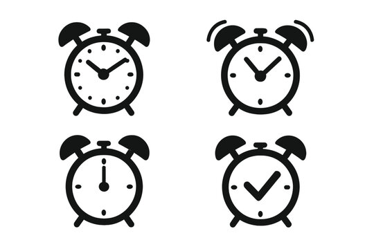 Vintage Alarm Clock Icon Set, Retro Wake Up Timer Symbol Collection, Minimalist Black Silhouette, Classic Bell Clock Sign, Editable Vector, Time Alert Notification, Transparent Background Icons