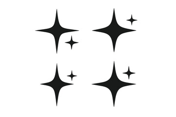 Shining sparkle star icons set. Black minimalist twinkle symbols collection. Glowing highlight decorative elements. Bright light shining effect vector. Transparent background starburst spark shapes.