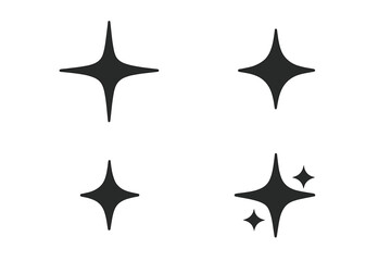 Black sparkle icons set, shining star elements collection, bright glitter vector illustration for decoration, clean light effect digital symbols, magic twinkle graphic, transparent background design