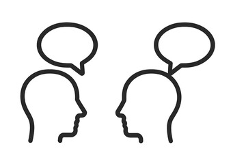 Two Profile Silhouette Heads with Speech Bubbles, Communication Conversation Icon, Dialogue Exchange Vector Illustration, Minimalist Line Art, Transparent Background, Social Interaction Concept