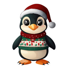 Cute Cartoon Penguin in a Festive Christmas Sweater with a Santa Hat Ready for Holiday Celebrations and Winter Cheertransparent background