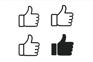 Thumbs up icon set, like button symbol, approval gesture, satisfaction hand sign, feedback vector illustration, agreement concept, outline flat icons, social media approval, black simple thumbs up art