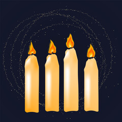 Christmas advent door opening. Realistic an open wide doors with burning four fire candles isolated on dark background. Merry Christmas, Advent banner, poster concept. Festive vector illustration