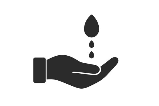 Water drop in hand vector icon. Save water, conservation and ecology concept. Hand washing, hygiene pictogram. Resource scarcity, donation and care symbol. Liquid, oil drop.
