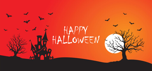 Happy Halloween text with haunted castle and full moon