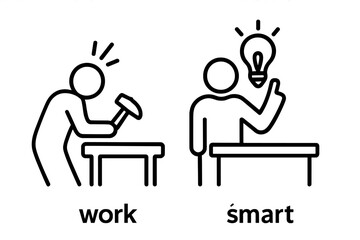 Work Hard vs Work Smart Concept, Productivity Efficiency Metaphor, Stick Figure Line Art, Hard Manual Labor with Hammer, Creative Idea Solution with Lightbulb, Black Outline Vector Illustration